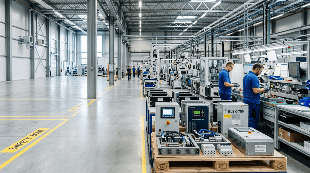 Technicians working on electronic assembly line in a clean industrial factory